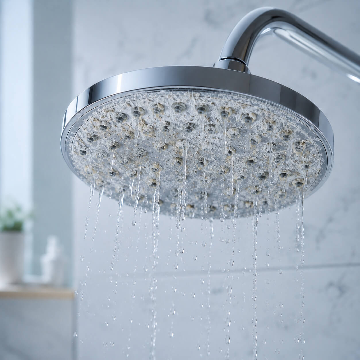 Clogged shower head with limescale caused by hard water