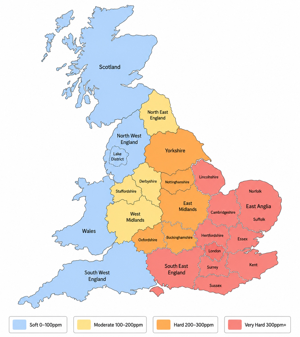UK hard water areas map showing water hardness by region