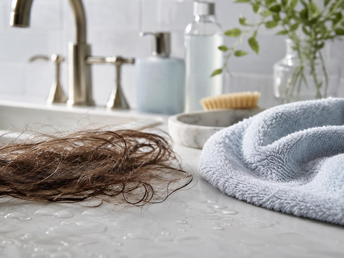 Person touching dry hair caused by hard water