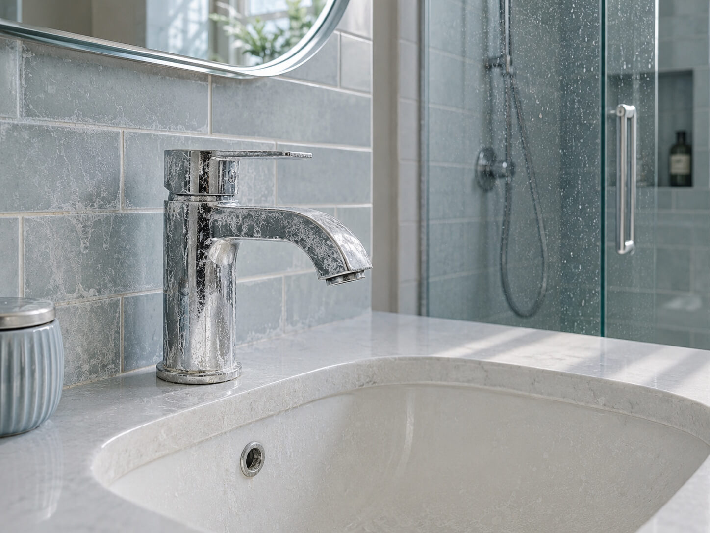 Bathroom taps and surfaces with hard water limescale marks