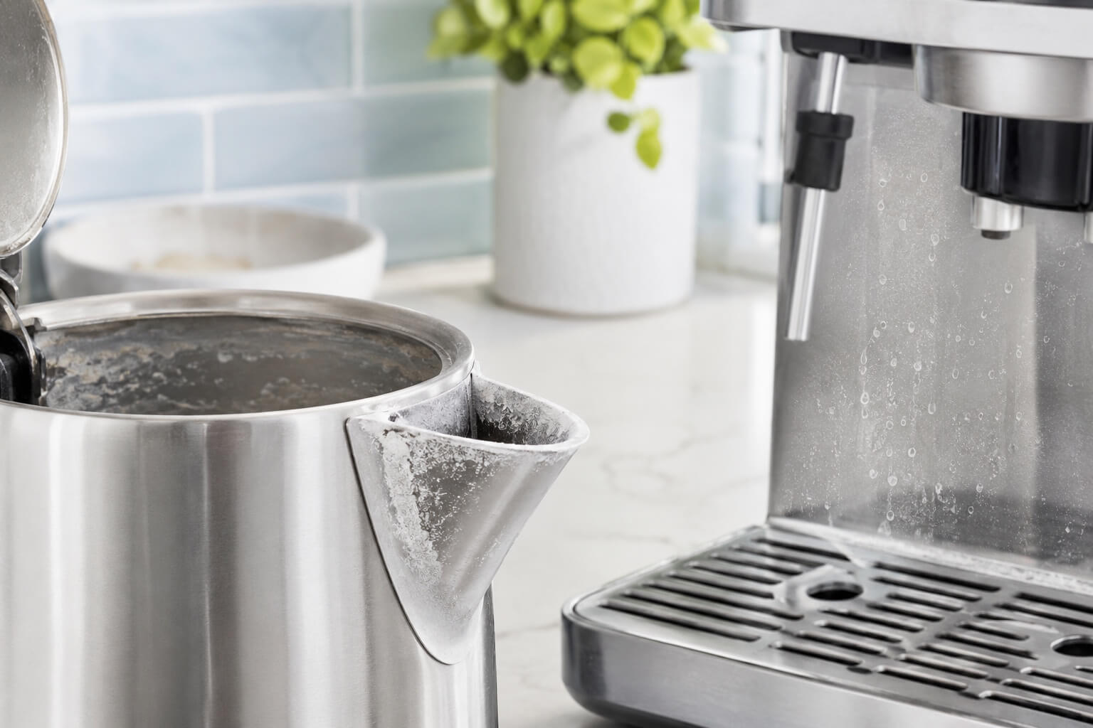Kettle with limescale staining caused by hard water