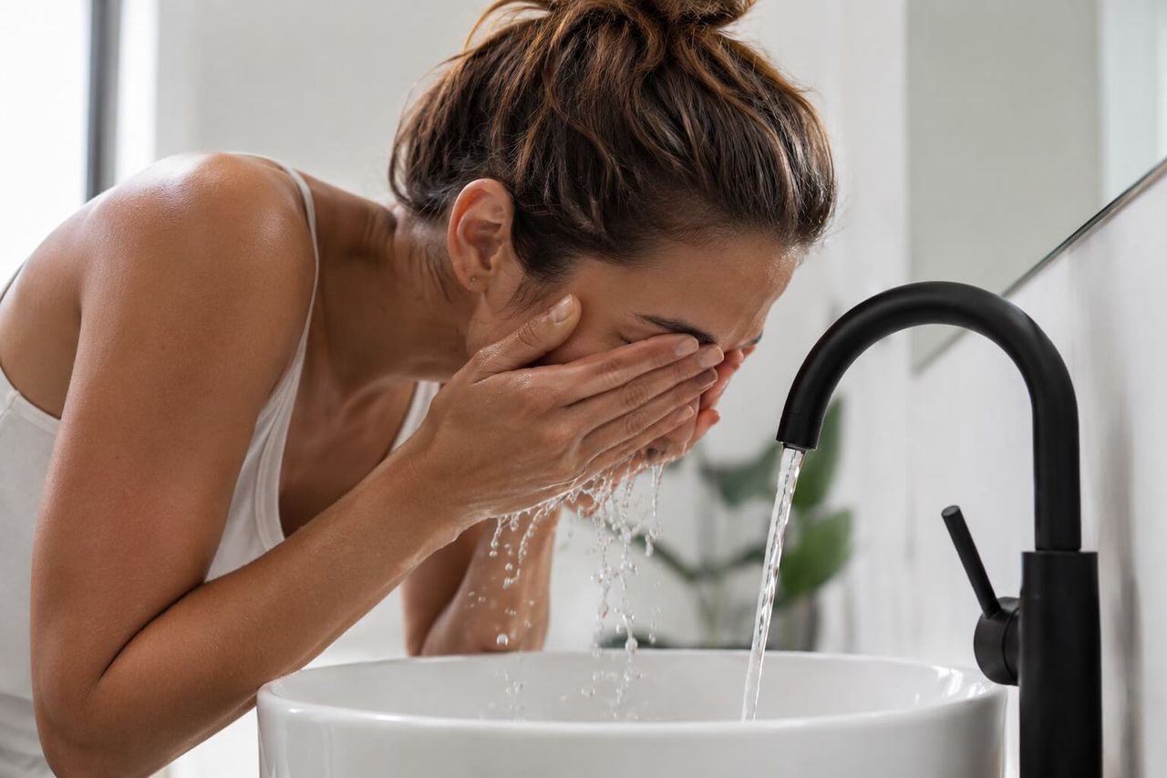 Woman washing her face with clean, soft water at a modern basin