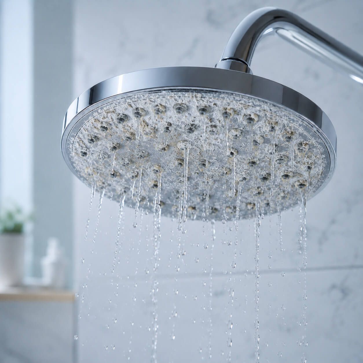 Clogged shower head with limescale caused by hard water