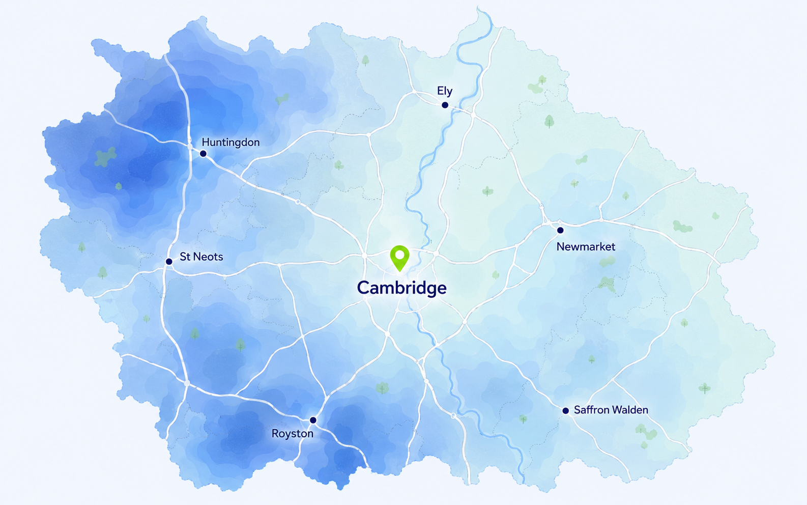 Map of water hardness around Cambridge and nearby areas
