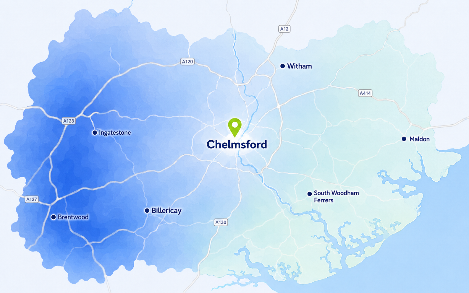 Map of water hardness around Chelmsford and nearby areas