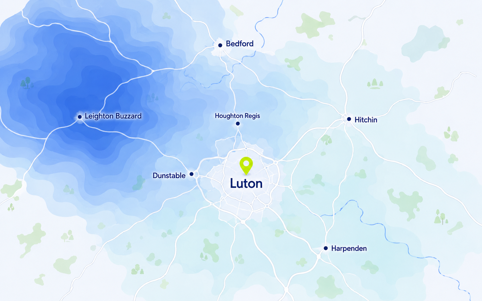 Map of water hardness around Luton and nearby areas