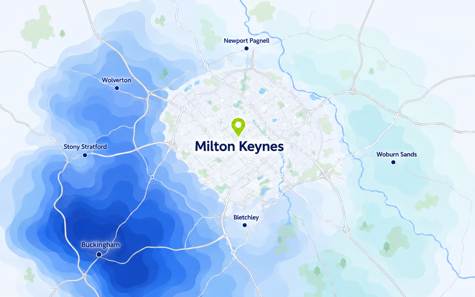Map of water hardness around Milton Keynes and nearby areas