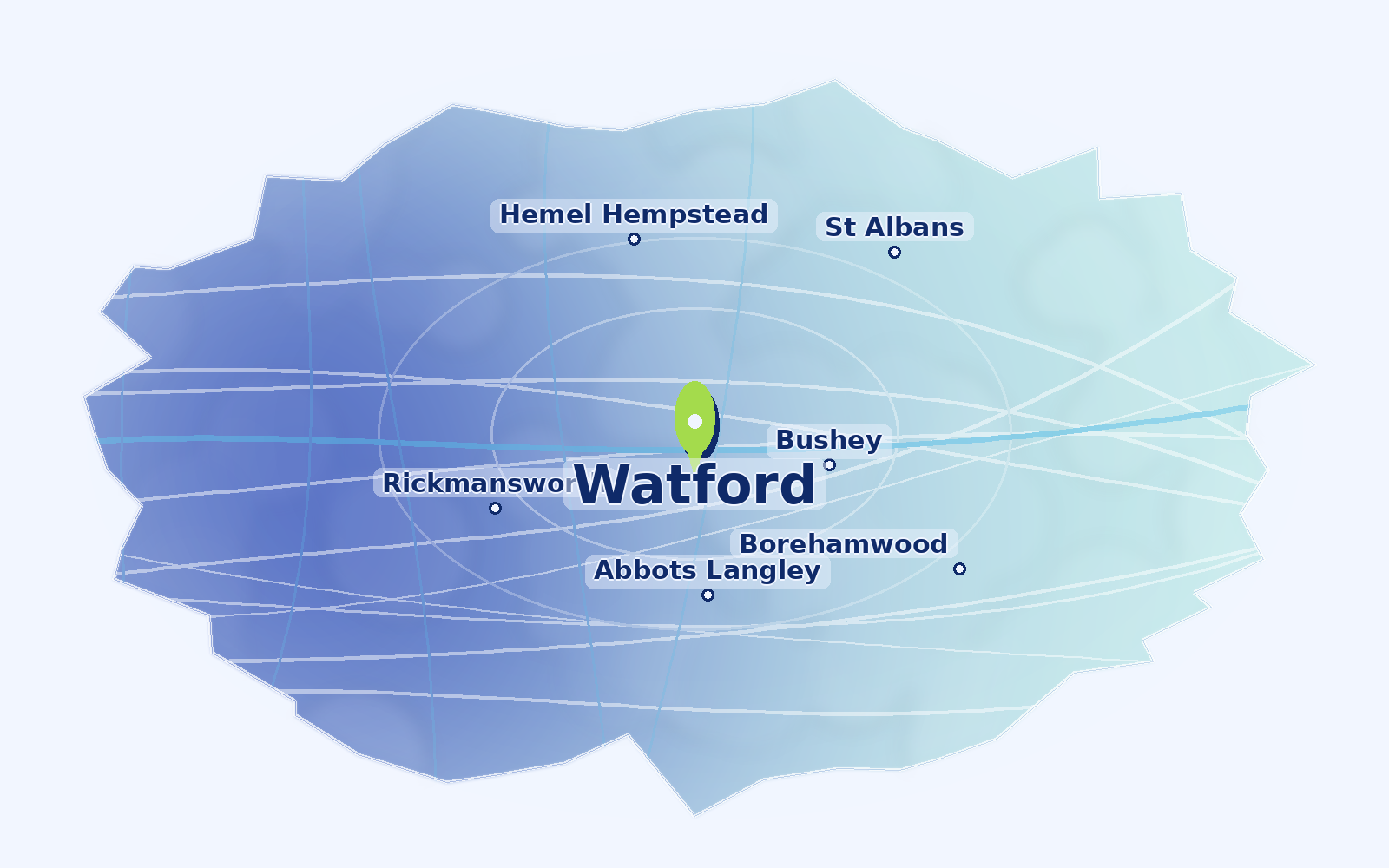 Map of water hardness around Watford and nearby areas