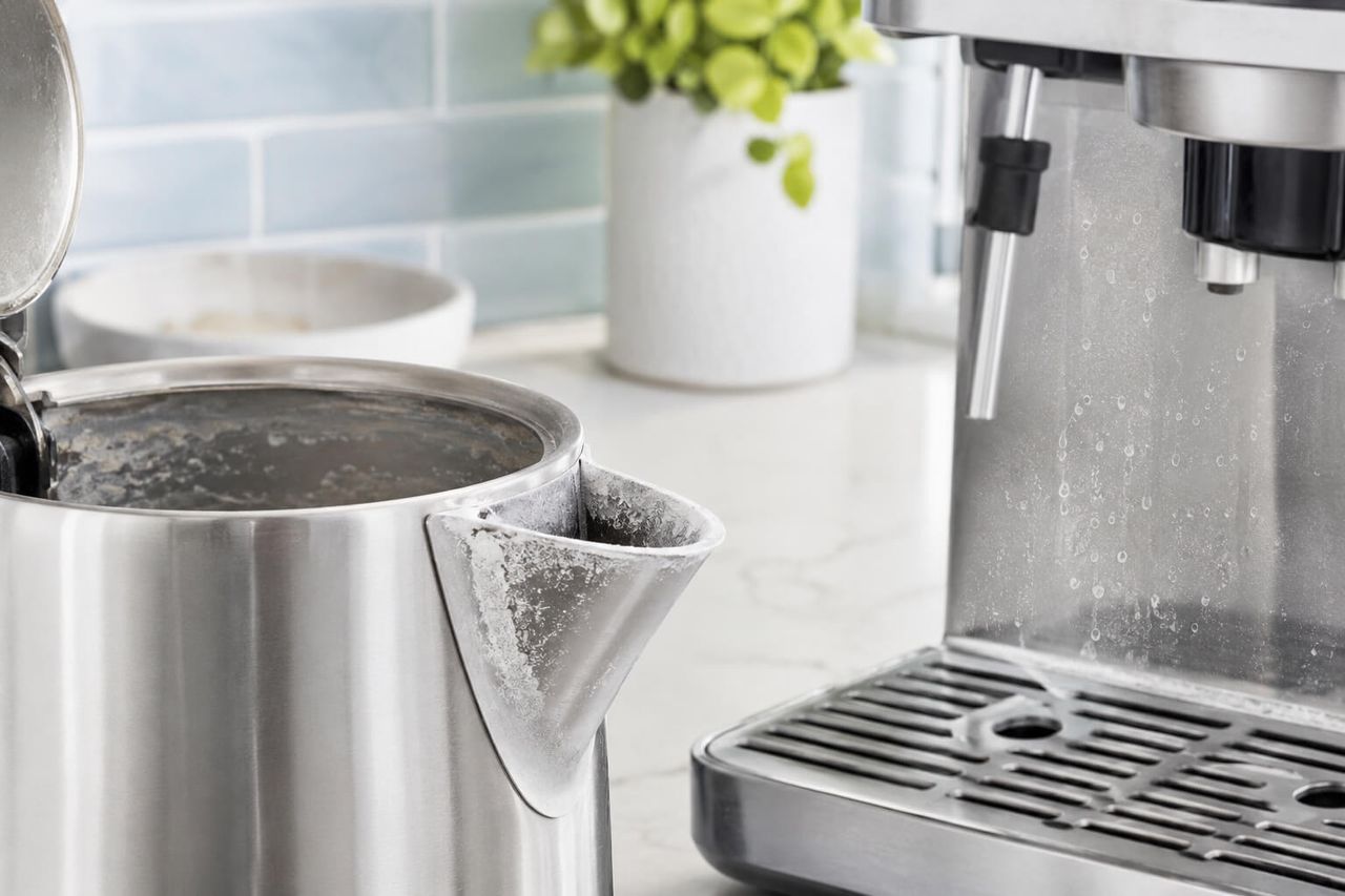 Kettle with limescale staining caused by hard water