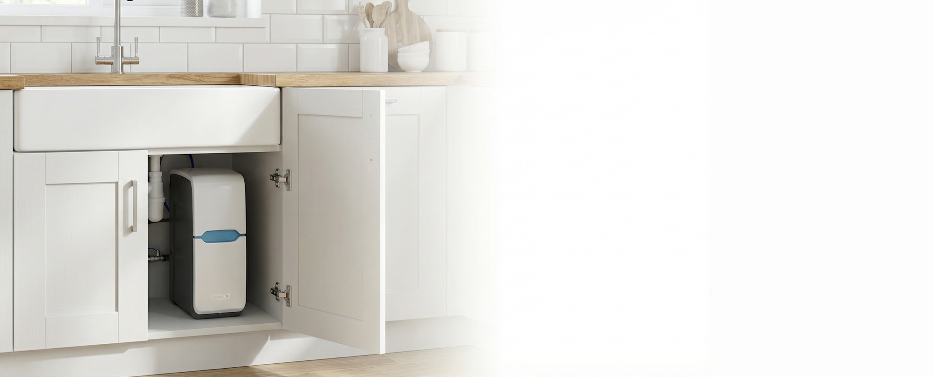 Soft, clean water running over hands in a modern, limescale-free home